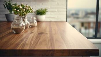 AI generated modern wooden counter top by the living room wooden photo