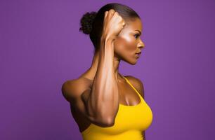 AI generated woman with hands flexing muscles in front of purple backdrop photo