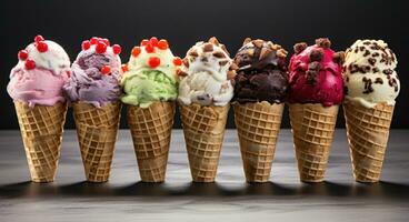 AI generated various flavors of ice cream cones with fruit, nuts and cookie photo