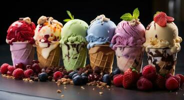 ai generado varios sabores de hielo crema conos con fruta, nueces y Galleta foto