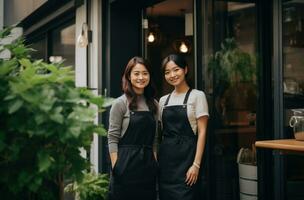 ai generado dos mujer en pie en frente de un café foto