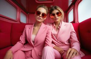 AI generated two young, happy girls in pink suits photo