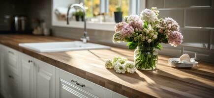 ai generado de madera encimera cocina decoración cerca arriba con blanco gabinetes foto