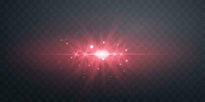 Red horizontal lensflare. Light flash with rays or spotlight and bokeh. Red glow flare light effect. Vector illustration.