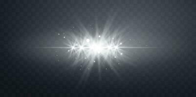 Silver horizontal lensflare. Light flash with rays or spotlight and bokeh. Silver glow flare light effect. Vector illustration.