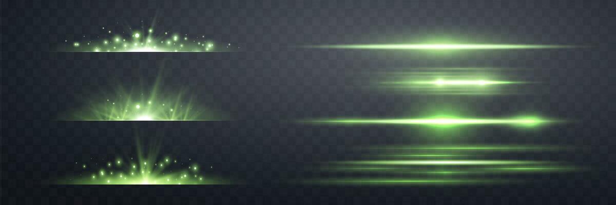 Green lens flares set. Sun flash with rays or spotlight and bokeh. Glow flare light effect. Vector illustration.
