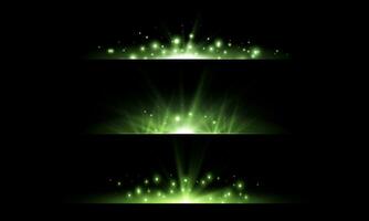Green horizontal lensflares set. Light flash with rays or green spotlight. Glow flares light effect. Vector illustration. Isolated on black background.