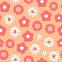 Peach floral seamless pattern. Retro groovy flowers. Botanical background, wrapping paper, wallpaper. vector