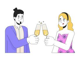 Caucasian white couple clinking glasses 2D linear cartoon characters. Deeply in love sweethearts isolated line vector people white background. Toasting champagne color flat spot illustration