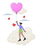 Black girl flying with balloon above clouds 2D linear cartoon character. Cloudy heart shaped baloon african american isolated line vector person white background. Dreamy color flat spot illustration