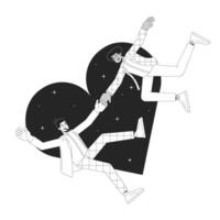 Gay men falling at first sight black and white 2D illustration concept. Homosexual boyfriends cartoon outline characters isolated on white. Millennial love relationship metaphor monochrome vector art