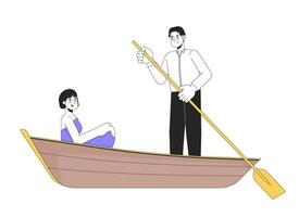 Korean young adult couple on boat ride 2D linear cartoon characters. Romantic asian boyfriend girlfriend isolated line vector people white background. Lake romance color flat spot illustration