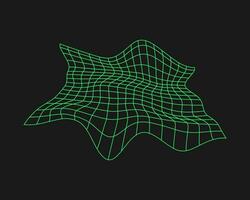 Distorted cyber grid. Cyberpunk geometry element y2k style. Isolated green mesh on black background. Vector fashion illustration.