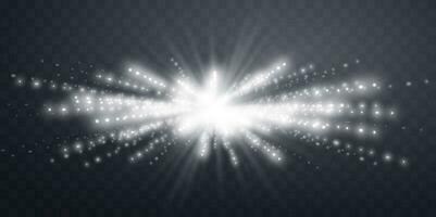 Silver horizontal lensflare. Light flash with rays or spotlight and bokeh. Silver glow flare light effect. Vector illustration.