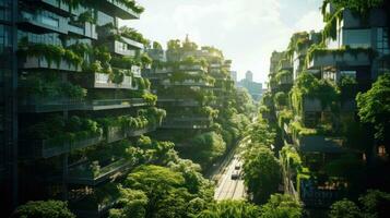AI generated Green Building. A structure adorned with a living wall of plants, blending nature and urban environment. Suitable for urban greening promotions and food blogs photo