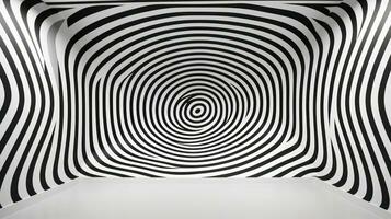 AI generated A room covered in a black and white spiral pattern, creating an optical illusion. Ideal for backgrounds or abstract design elements photo