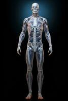 AI generated A close-up view of a human skeleton model showcasing the intricate bone structure and design. Ideal for educational and medical purposes photo