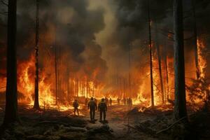 AI generated Forest Blaze Containment Efforts. Firefighters are engulfed in thick smoke as they attempt to contain a forest fire. Can be used in news articles or documentaries about natural disasters photo