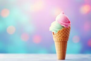 AI generated A close-up of a waffle cone with pink and green ice cream scoops against a colorful bokeh background. Ideal for ads, menus, or summer promotions photo