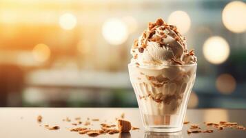 AI generated Chocolate ice cream topped with chocolate pieces in transparent glass on light blurred background with bokeh. Ideal for dessert menu, food blog, advertisement, magazine, recipe book photo