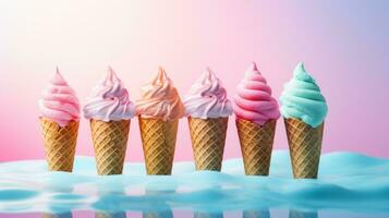 AI generated Five different flavored ice creams in cones against a gradient pink-blue background. With copy space. Ideal for dessert menus, promotions, advertising sweet treats, food blogs photo