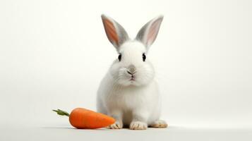 AI generated White Rabbit and Carrot on white background. With copy space. Easter bunny. Suitable for various uses such as pet food advertisements or wildlife humor content photo