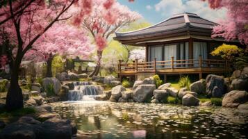 AI generated Beauty of a Japanese garden, where cherry blossoms bloom, flows clear river, a stone path leads to a tea house. The harmony of nature and architecture is the backdrop photo