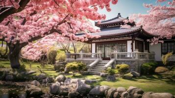 AI generated Beauty of a Japanese garden, where cherry blossoms bloom, flows clear river, a stone path leads to a tea house. The harmony of nature and architecture is the backdrop photo