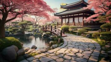 AI generated Beauty of a Japanese garden, where cherry blossoms bloom, flows clear river, a stone path leads to a tea house. The harmony of nature and architecture is the backdrop photo