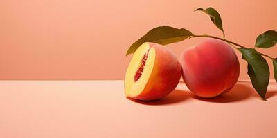 AI Generated AI generation. Fresh ripe peaches with green leaves on pink background. Color of year. photo