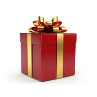 AI Generated Birthday gift, Christmas gift, red box with gold bow on white background. photo