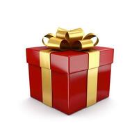 AI Generated Birthday gift, Christmas gift, red box with gold bow on white background. photo