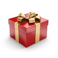 AI Generated Birthday gift, Christmas gift, red box with gold bow on white background. photo