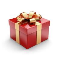 AI Generated Birthday gift, Christmas gift, red box with gold bow on white background. photo