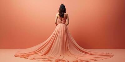 AI Generated Ai generation. Young woman in a long dress on a peach background. Back view. Fashion photo