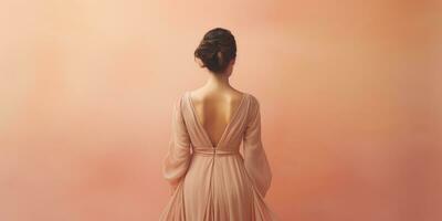 AI Generated Ai generation. Young woman in a long dress on a peach background. Back view. Fashion photo