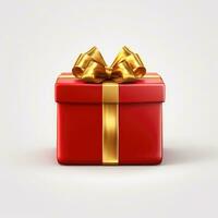 AI Generated Birthday gift, Christmas gift, red box with gold bow on white background. photo