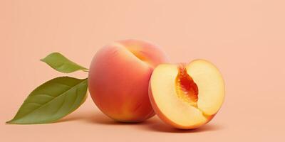 AI Generated AI generation. Fresh ripe peaches with green leaves on pink background. Color of year. photo