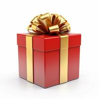 AI Generated Birthday gift, Christmas gift, red box with gold bow on white background. photo