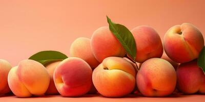 AI Generated AI generation. Fresh ripe peaches with green leaves on pink background. Color of year. photo