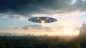 AI generated A large UFO hovers over a cityscape at daytime. Futuristic alien spaceship. Copy space. Ideal for projects exploring extraterrestrial themes, science fiction, and unknown. Sci-fi concept photo