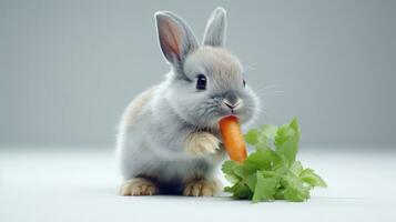 ai generado gris Conejo con Fresco Zanahoria y lechuga en ligero degradado antecedentes. linda mullido conejito. Pascua de Resurrección concepto. ideal para mascota comida anuncios, educativo contenido, veterinario foto