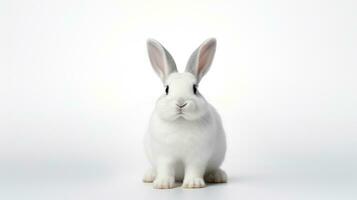 AI generated A white rabbit with large ears on a white background. With copy space. Banner. Cute bunny. Ideal for pet, Easter, or wildlife content photo