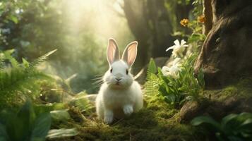 AI generated A white rabbit in a green forest with sunlight filtering through the trees. Ideal for nature-themed content photo