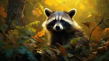 AI generated Close-up of a raccoon in forest, surrounded by leaves, bathed in warm sunlight. Ideal for wildlife and nature themes, educational content, and environmental awareness campaigns photo