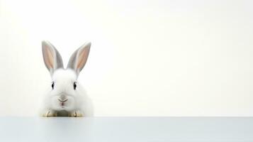AI generated A white rabbit with large ears on a white background. Banner, With copy space. Banner. Cute bunny. Ideal for pet, Easter, or wildlife content photo