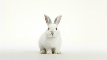 AI generated A white rabbit with large ears on white background. With copy space. Banner. Cute bunny. Ideal for pet, Easter, or wildlife content photo