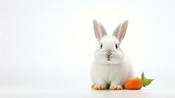 AI generated White Rabbit and Carrot on a white background. With copy space. Easter bunny. Suitable for various uses such as pet food advertisements or wildlife humor content. Banner, postcard, photo