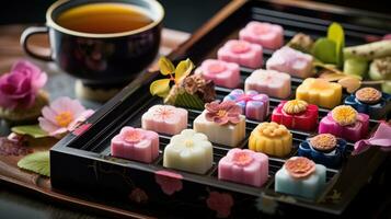 AI generated Japanese wagashi traditional sweets on lacquered tray. The colorful confections. A healthy dessert made from natural ingredients. Sweets made from rice and legumes for Japanese tea photo