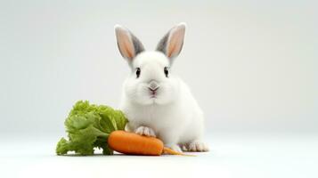 AI generated White Rabbit and Carrot on a white background. With copy space. Easter bunny. Suitable for various uses such as pet food advertisements or wildlife humor content. Banner, poster, photo